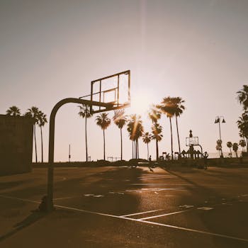 A picturesque basketball court at sunset with palm tree silhouettes, ideal for sports and outdoor themes.