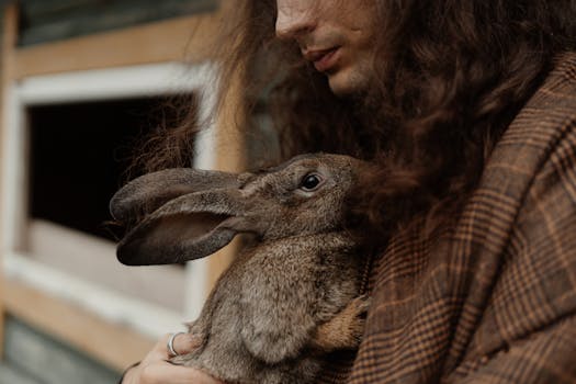 Close-up of a person holding a rabbit, showcasing tenderness and care.