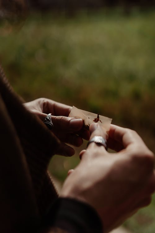 A Close-Up Shot of a Person Rolling a Cigarette