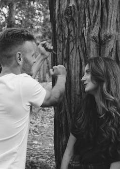 一张黑白照片中，一对夫妇在森林里享受着浪漫时刻