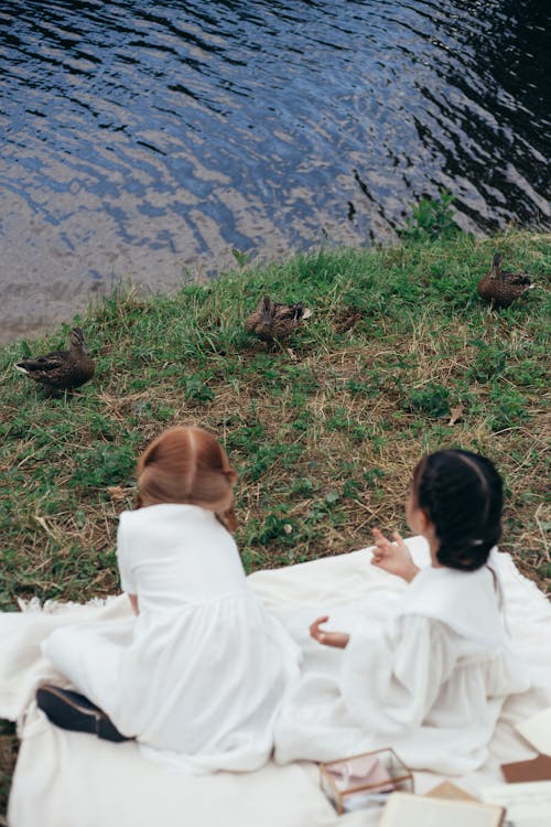 Free Children Sitting on a Picnic Blanket Stock Photo