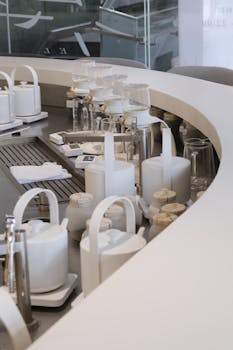 Sleek modern kitchen counter with white kettles and kitchenware in a curved arrangement.