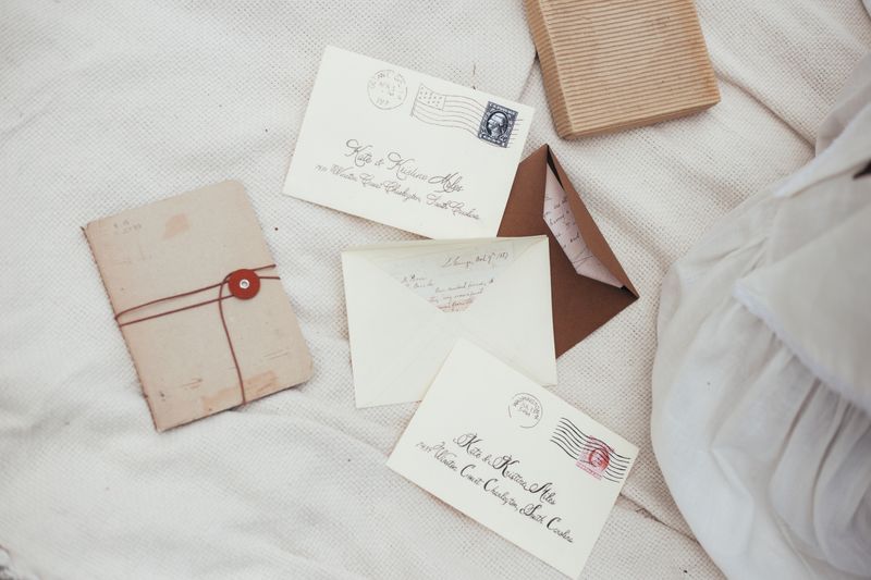 Flat lay of vintage postcards and envelopes with retro stamps on textured fabric.