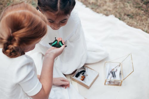 Two Curious Girls Looking at Butterfly