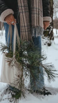 A person carries a tote bag with pine branches on snow-covered ground, showcasing winter fashion.