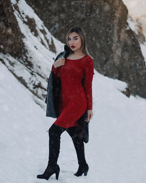 Woman in Red Long Sleeve Dress