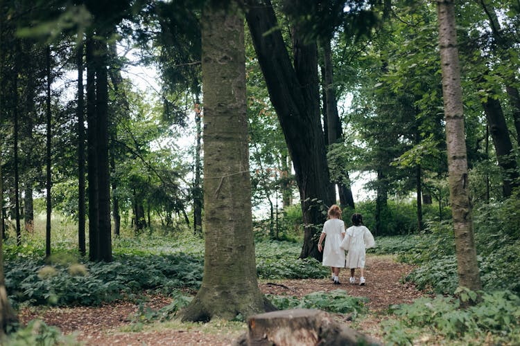 Two Girls Walking In The Middle Of Forest