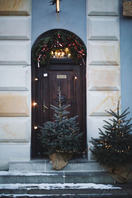 Charming entrance decorated with Christmas trees and lights in Warsaw, Poland. Perfect winter festive scene.