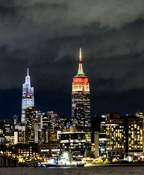 Vibrant nighttime view of NYC skyline featuring iconic skyscrapers.