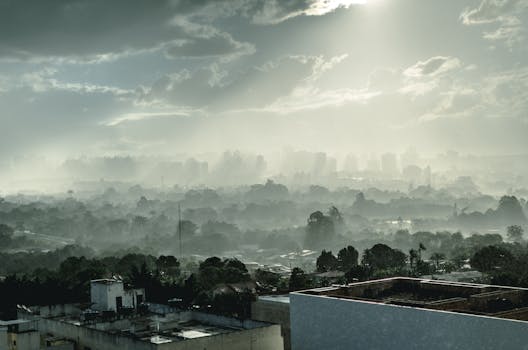 巴西利亚的城市景观笼罩在雾气中，多云的天空下，建筑物和树木若隐若现