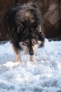 Close-up shot of a Finnish Lapphund dog standing on snow, showcasing its striking features.