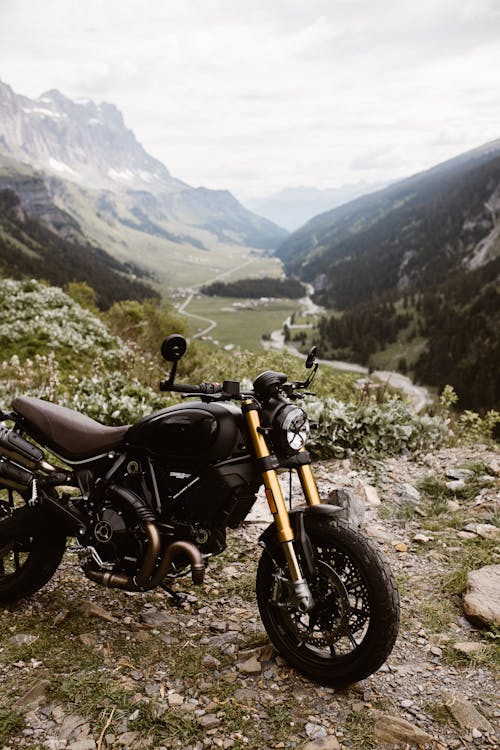 A Ducati Scrambler Motorbike Parked on Mountain