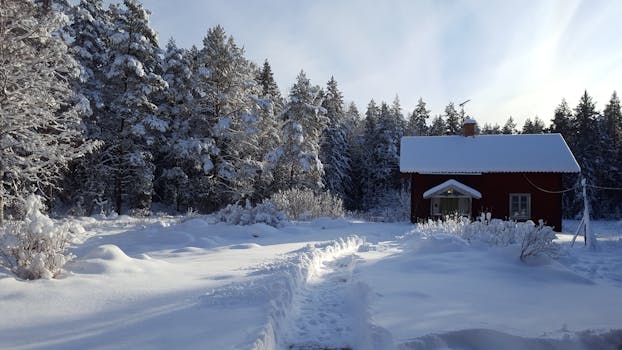 Idyllic winter scene of a snow-covered cabin surrounded by frosted trees in Sweden.