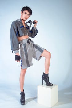 A model posing in modern, stylish attire during a studio photoshoot.