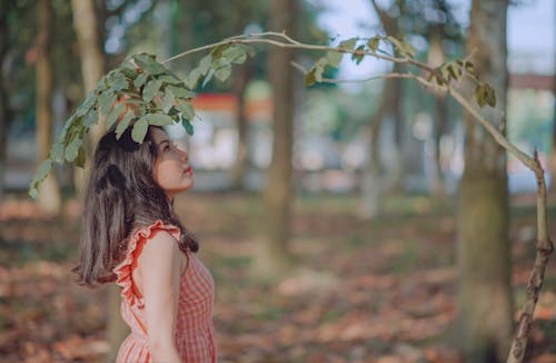 免费 一个女人站在叶子附近的摄影 素材图片