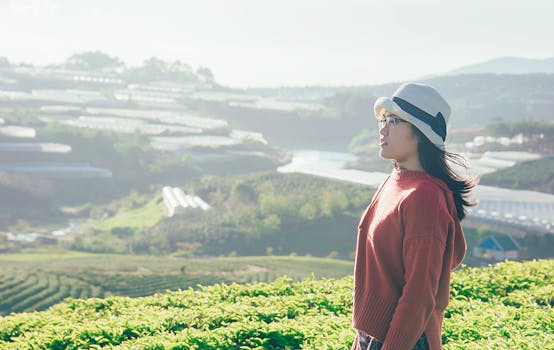 妇女可以欣赏到郁郁葱葱的农田和远处小山的宁静景色