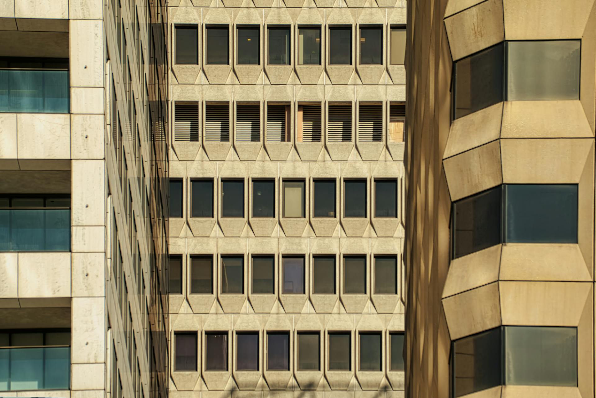 Detailed view of geometric building facades in San Francisco, showcasing urban architecture.