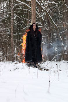 A mysterious person stands in a snowy forest, cloaked, with a fire blazing behind them.