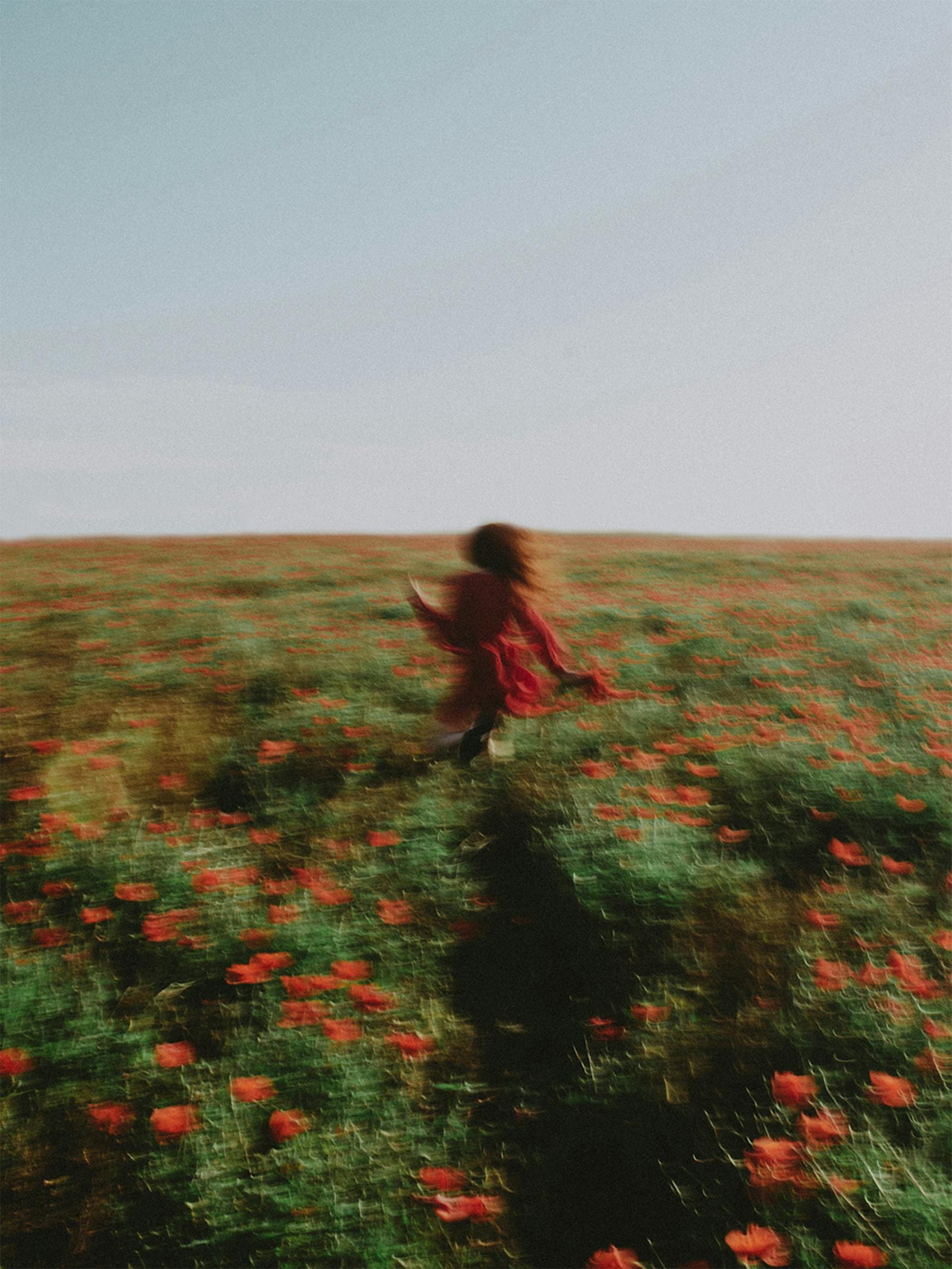 Blurred Photo of Woman in Red Running Through Poppy Field