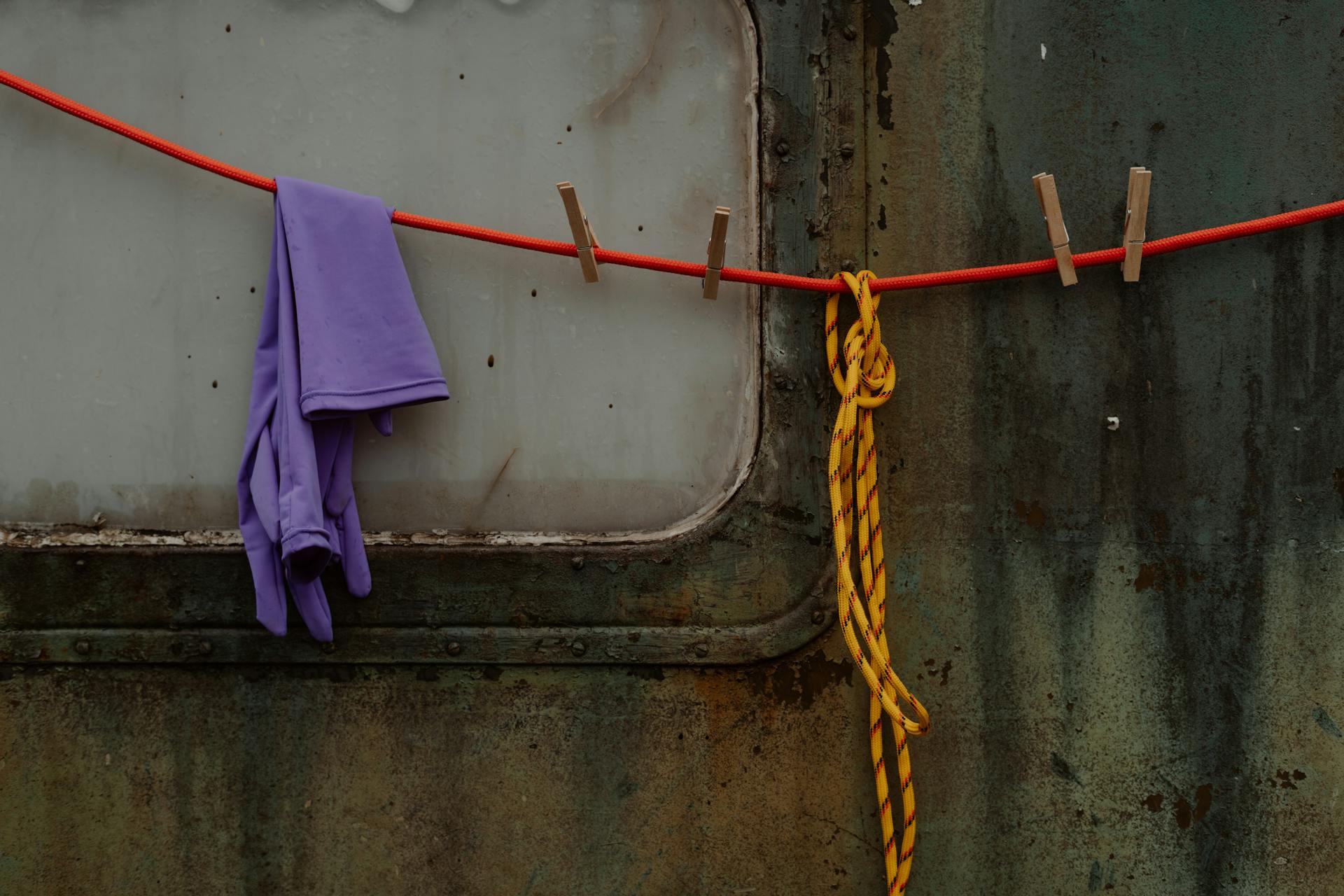 A rustic scene with clothespins, rope, and a worn wall. Vibrant colors and textures.