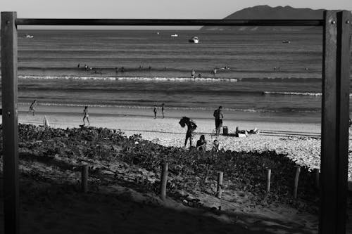 A Grayscale of People on a Beach