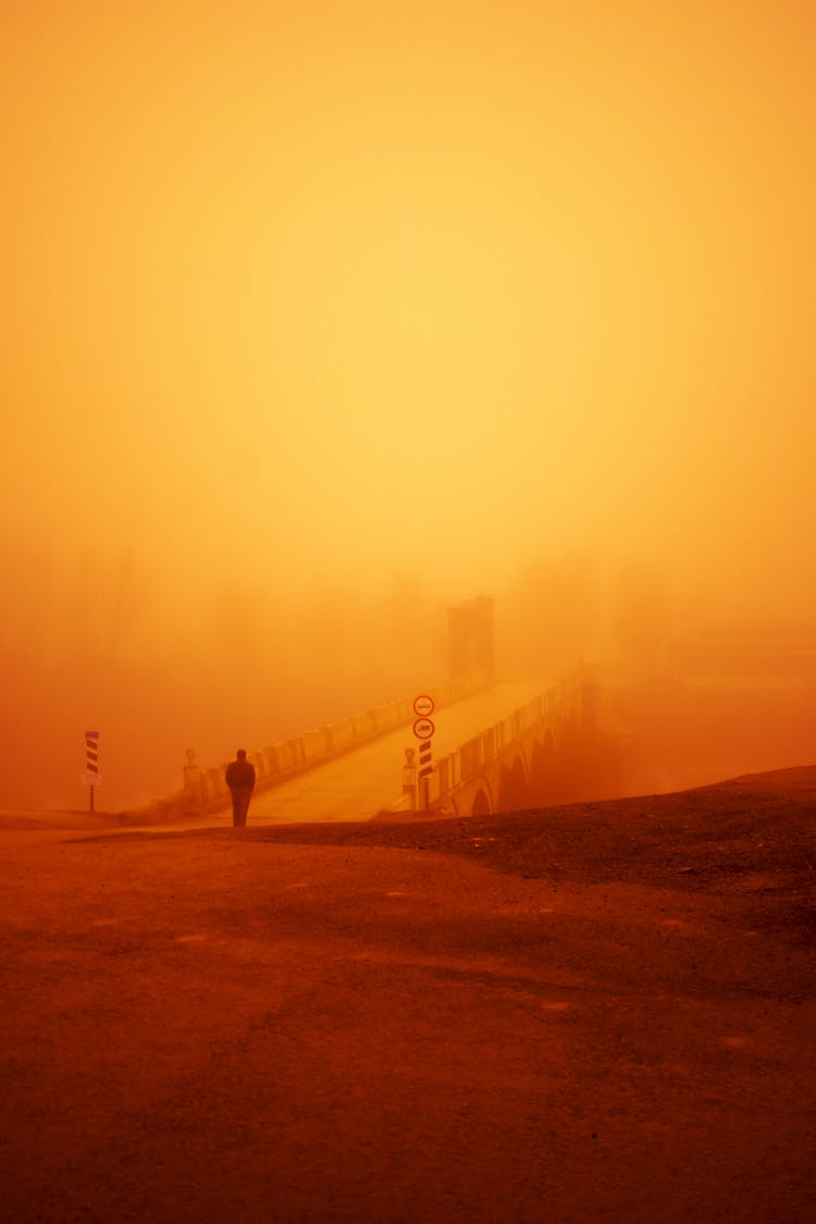 Silhouette Of A Person Walking On The Bridge