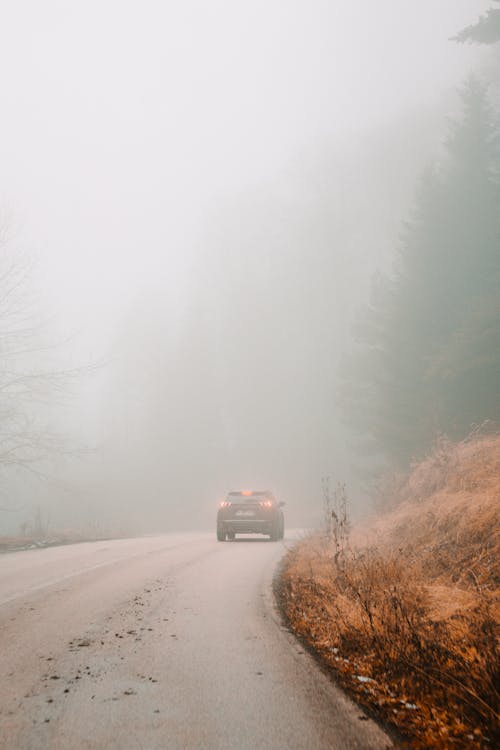 A Car Travelling on a Road during a Foggy Day