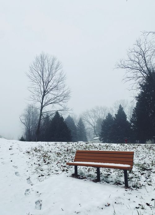 Free A tranquil winter scene featuring a lone wooden bench in a snow-covered park. Stock Photo