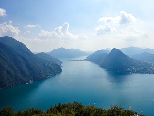 Aerial View of a Lake between the Mountains