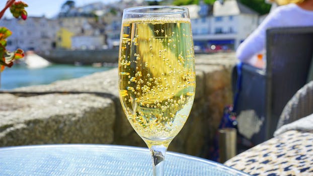 A sparkling glass of champagne with bubbles, set against a seaside backdrop, perfect for celebrations.