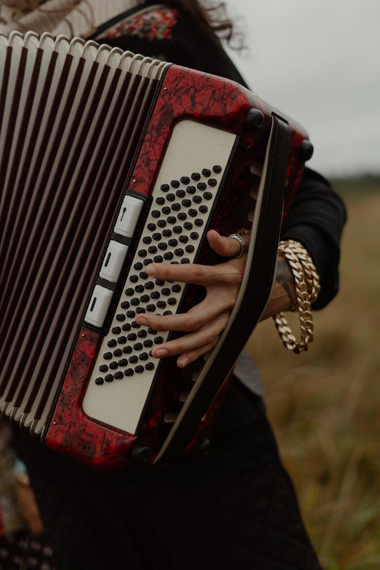 Woman Holding Accordion On Field