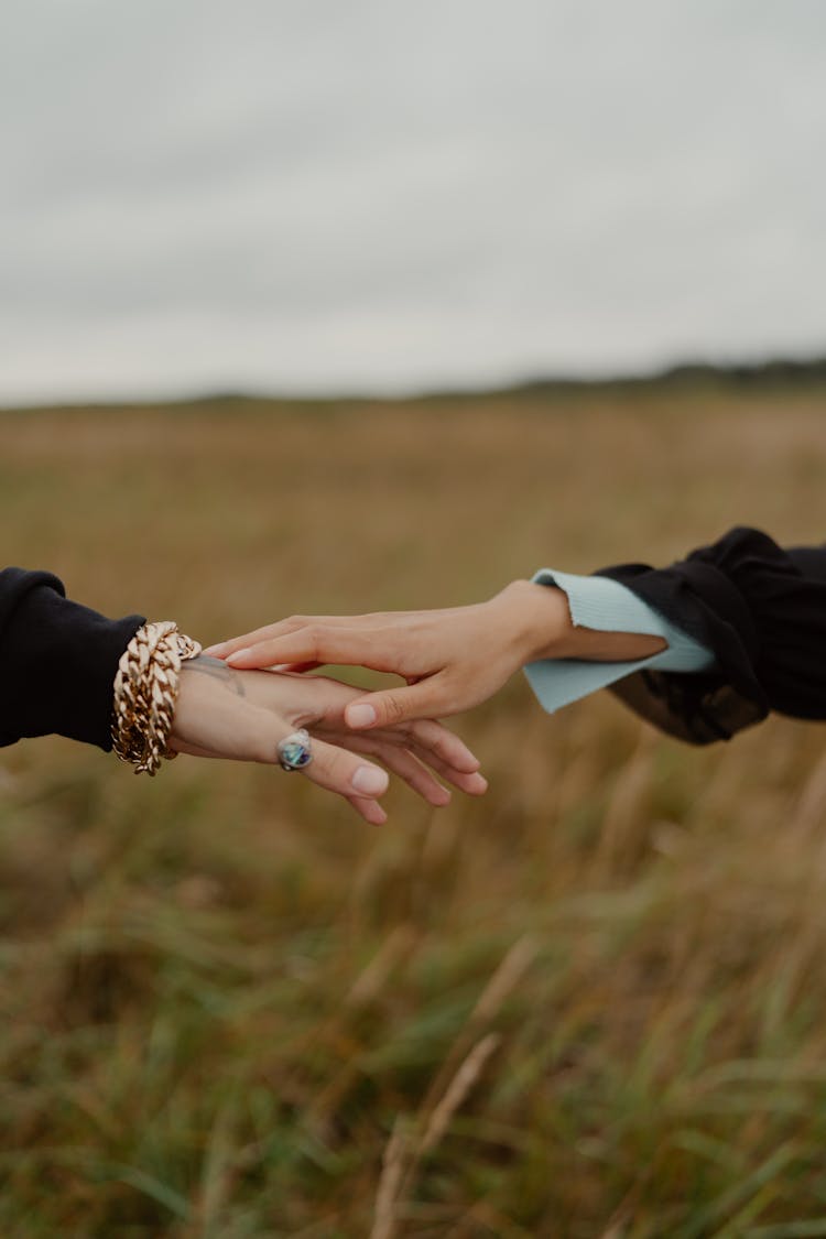 Hands Touching Over Grassland