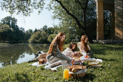 Women Relaxing at a Picnic in a Park 