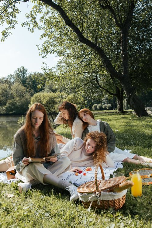 Free Group of women enjoying a peaceful picnic by the lake in a lush green park. Stock Photo