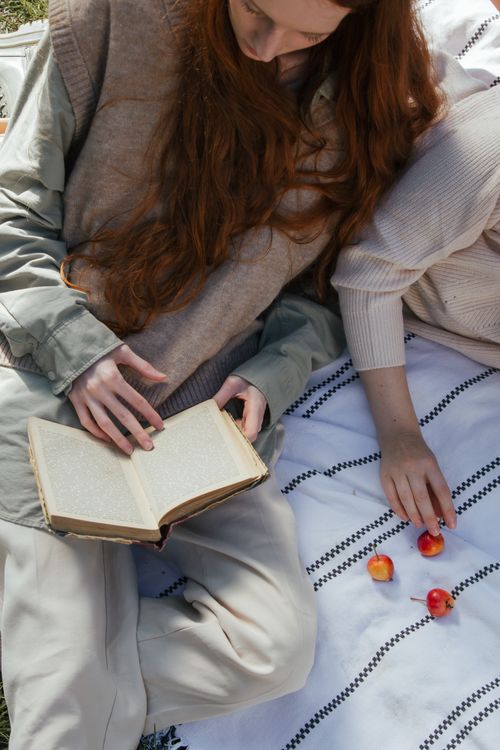 Free Two women enjoying a sunny picnic with a book and berries on a blanket. Stock Photo