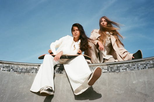 Two fashionable women sitting at a skatepark edge with skateboards against a clear blue sky.