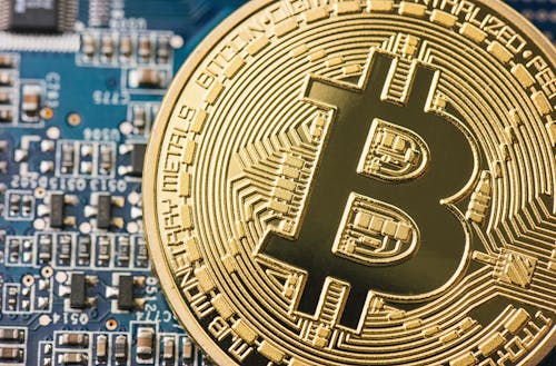 Free Bitcoin on Motherboard Stock Photo