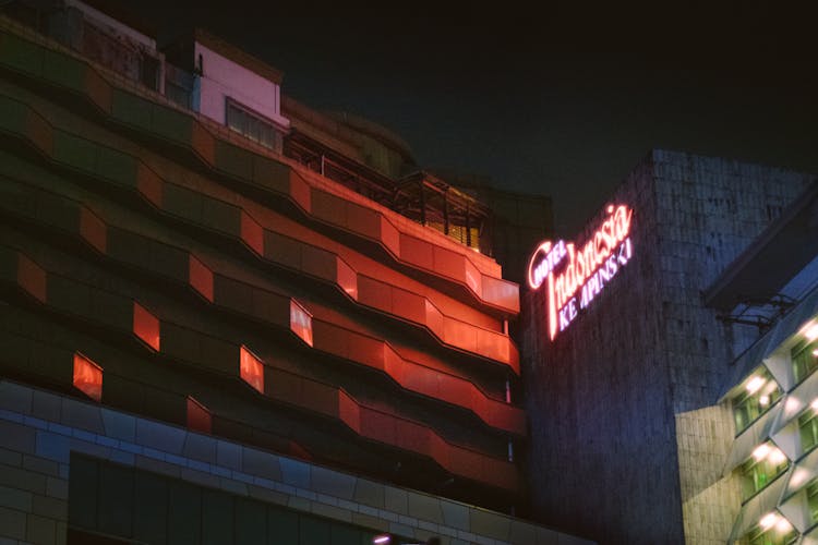 Hotel Facade With Neon Sign