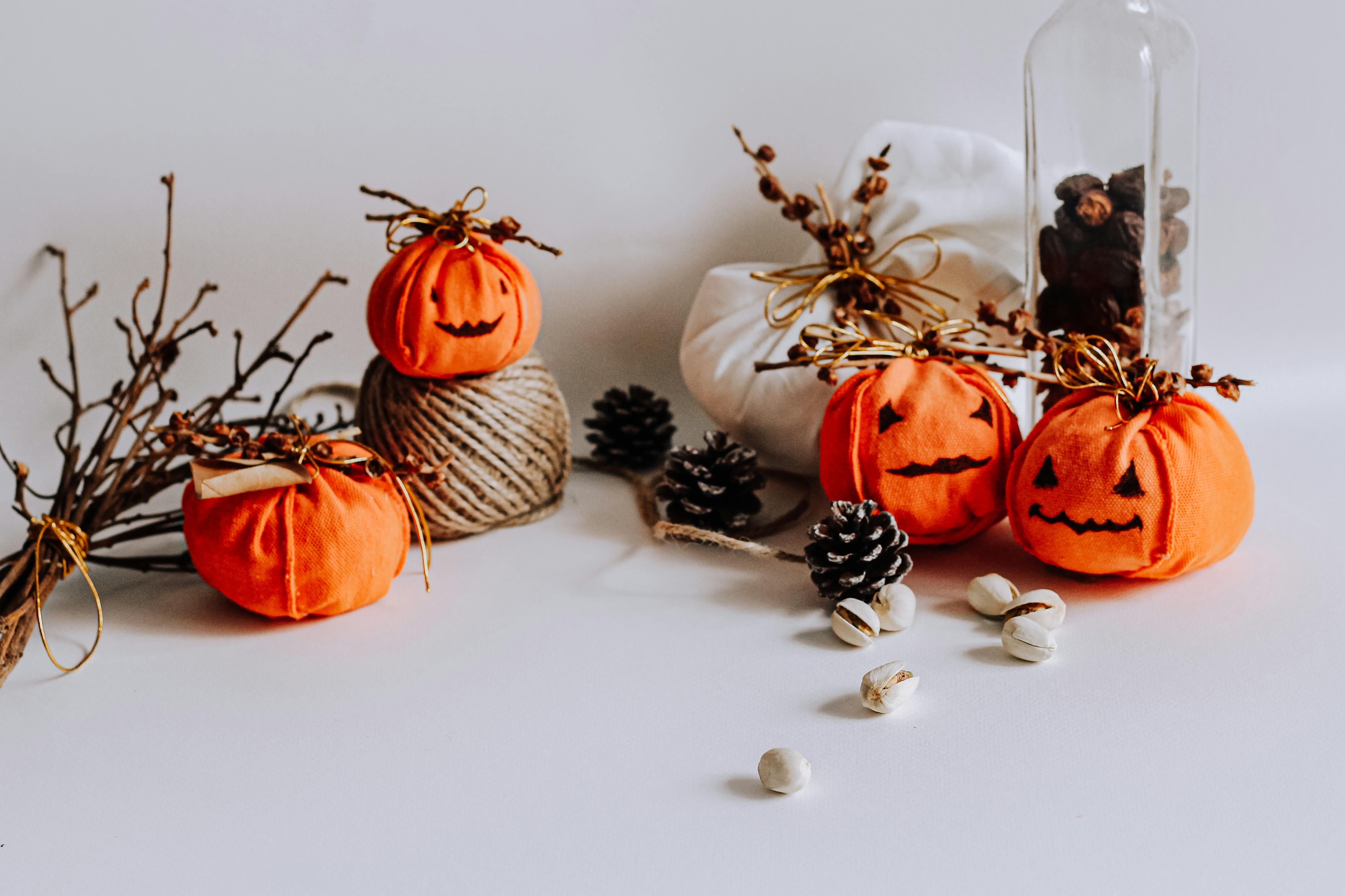 Charming Halloween still life featuring Jack O'Lanterns, pine cones, and twigs on a white surface.