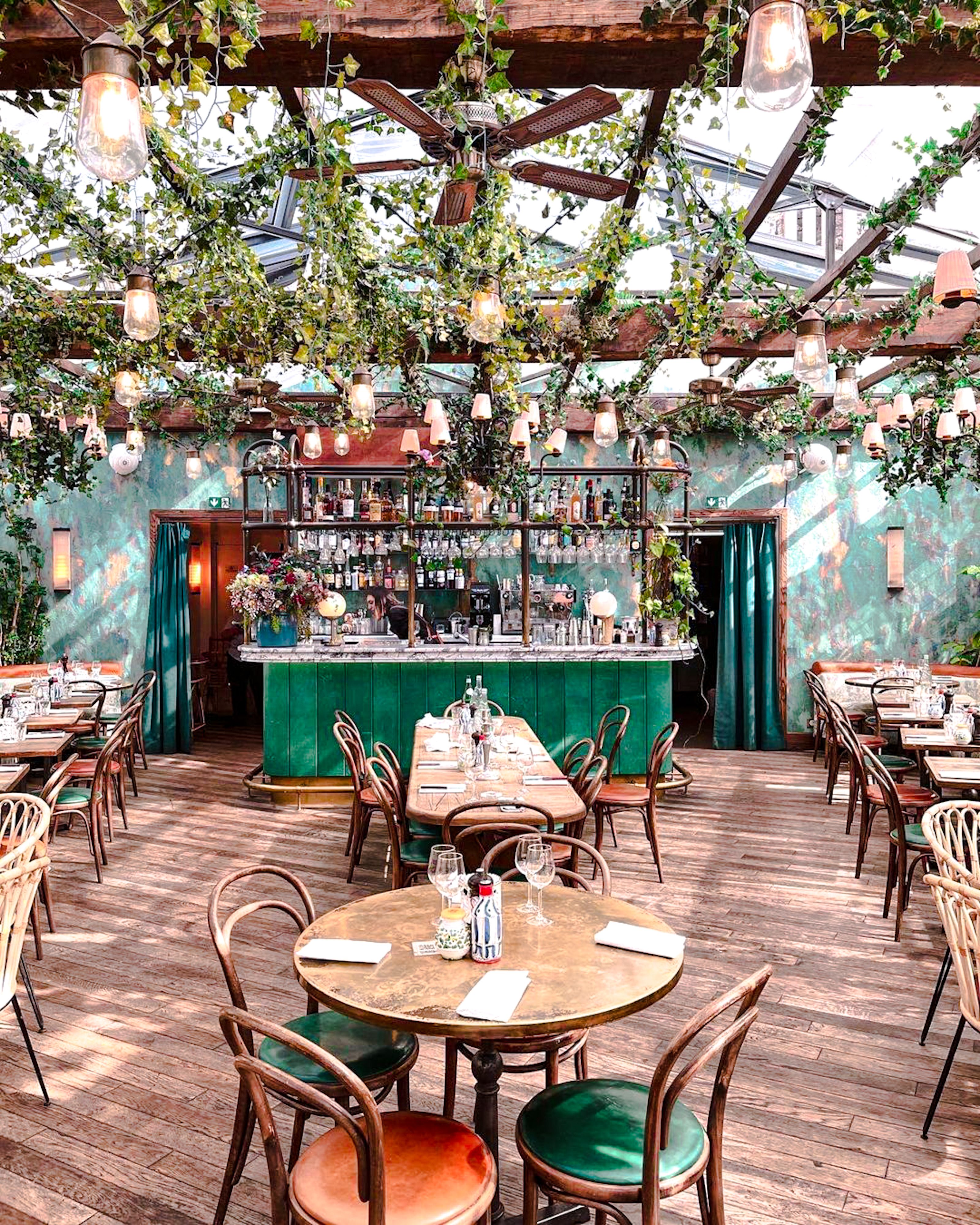 Rustic restaurant interior with wooden decor and green plants overhead.