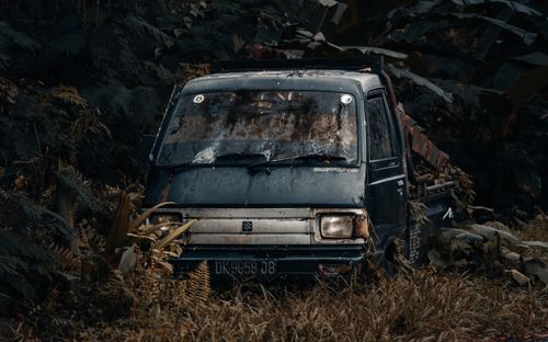Free A rusted truck abandoned amidst dense wild foliage in Indonesia, creating an eerie, forgotten scene. Stock Photo