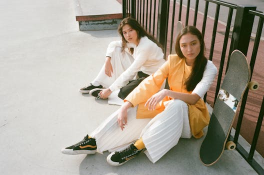 Two stylish women in trendy outfits posing with a skateboard, showcasing urban fashion outdoors.