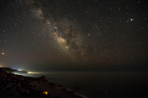 Free Vivid capture of the Milky Way over a tranquil ocean at night. Stock Photo