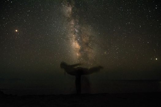 Person meditating under a starry night with the Milky Way visible.