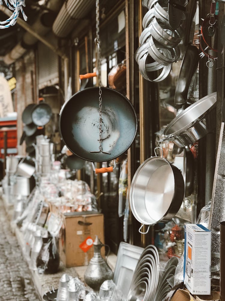 Stainless Steel Kitchenware On Outdoor Market