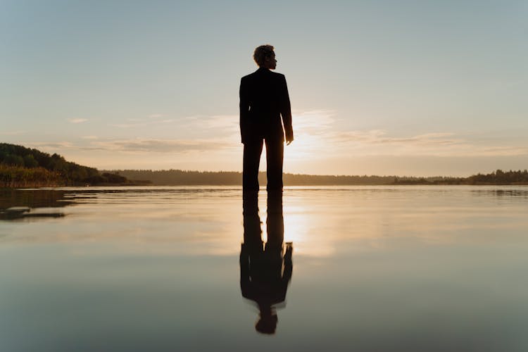 Silhouette Of Person Standing On Body Of Water 