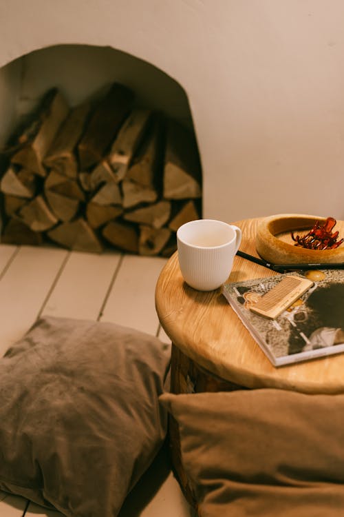 Wooden Coffee Table with Cup and Hair Accessories