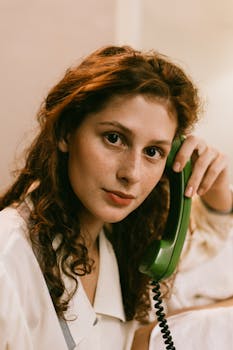 Portrait of a woman with curly hair holding a green retro telephone indoors.