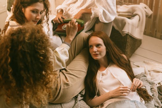 Three women enjoying a relaxed indoor gathering, surrounded by soft furnishings.