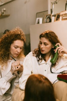 Two women sharing a vintage phone call in a cozy room setting.